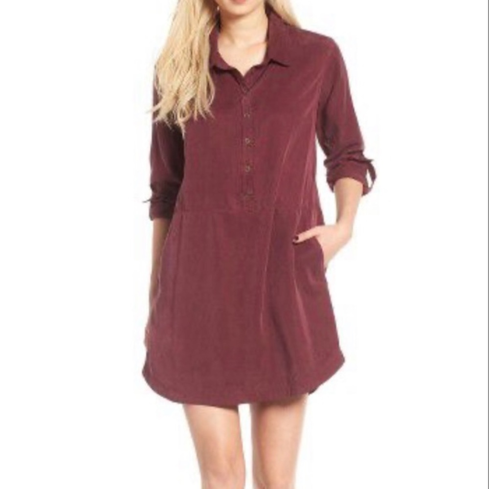 NWT Ten Sixty Sherman Washed Heathered Burgundy Shirt Dress S Button FrontPocket